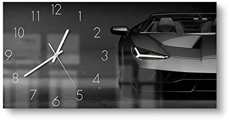 DEQORI Glasuhr | vertikal 60x30 cm | Motiv Vorderansicht Sportwagen | große XXL Design Uhr aus Glas | leise Wanduhr für Wohnzimmer & Küche | Moderne Hingucker Uhr für die Wand