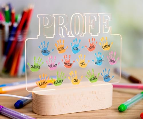 Regalo Original - Lámpara Led Metacrilato Personalizada para Profesores “Las Huellas de la Clase” - Base de Madera - Marcos de Fotos y texto Personalizados para fin de curso - Incluye Cable USB