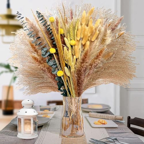 Trockenblumen Set, Doerfeell 102 PCS Pampasgras Hasenschwanzgras Getrocknet Natürliche Trockenblumen Deko Pampas Grass DIY Blumenstrauß für Hause Wohnzimmer Badezimmer Tisch Schlafzimmer Hochzeits