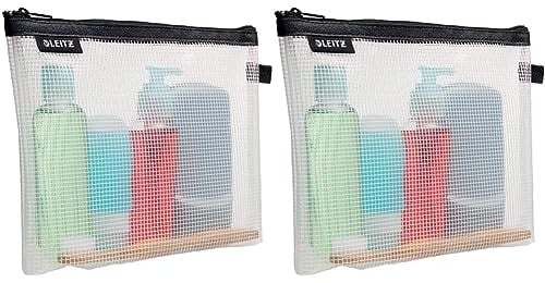 Leitz Wow Reise Zip-Kulturbeutel, durchsichtig, Wasserabweisend, Idealer Kosmetikbeutel für Reisen und im Handgepäck, Maße (BxHxT): 24 x 17 x 3 cm, Schwarz, 40140095 (Packung mit 2)