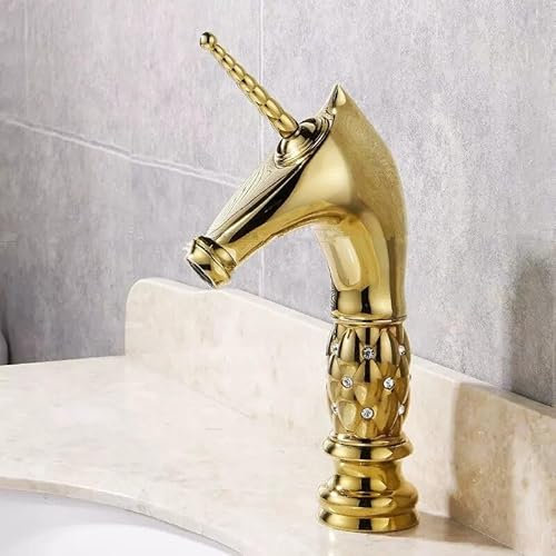 FIDEMM Waschtischarmaturen, goldfarbener Messing-Wasserhahn, Einhorn-Badezimmer-Waschbecken-Wasserhahn, Einhebelmischer, an Deck montierte Toilette, heißer und kalter Mischer-Wasserhahn