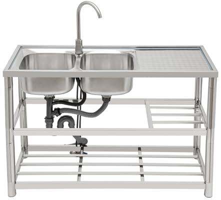 BRRIDE Komplettspüle Spülbecken Küchenspüle mit Doppelbecken Kalt und Warmwasserschläuchen 360° Drehbare Wasserhahn Deluxe Doppelwaschbecken Komplettspüle spüle mit unterschrank 120×45×80cm