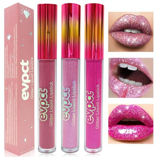 Likesing 3 Stück Glitzer Lippenstift Set Lipgloss 24 Stunden Halt Matte Lipstick Lip Gloss Long Lasting Lippenstift Pink Roter Lip Balm Make up Damen Lipgloss Geburtstage Geschenk (3 Stück (1, 9, 11))