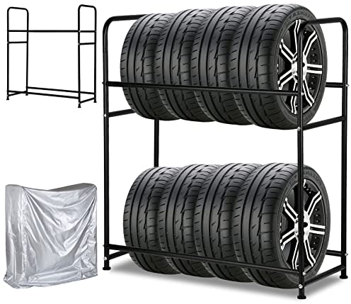 Fiqops Supporto per pneumatici, 2 scaffalature per pneumatici, 8 pneumatici, 107 x 46 x 117 cm, albero per pneumatici auto, capacità di carico 180 kg, scaffale per cerchioni con copertura per