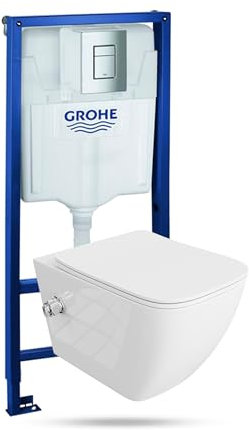 LAVITA Vorwandelement Solido + Wand Hänge WC Parana Weiß Spülrandlos + WC Sitz mit Absenkautomatik Verchromter Knopf Komplettset Unterputz Spülkasten Toilette Komplett Sett WC