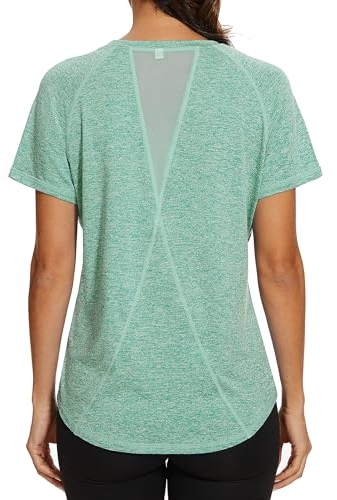 Gyabnw Women's Sports T-Shirt Gym Tops Back Mesh Loose Fit Yoga Running Top Lightweight Moisture Wicking Crew Neck Short Sleeve for Ladies Green