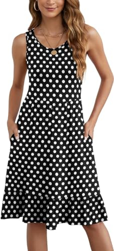 Yommay Damen Kleider Casual Sommerkleid Elegante Hochzeitsgas/Festlich Frauen Drucken Maxikleid Strandkleid mit Taschen,F Schwarz Polka Dot,3XL