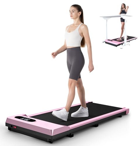 HomeFitnessCode Under Desk Treadmill, 2.5HP Portable Walking Pad Motorized Electric Treadmills for Home with LED Display & Remote, Adjustable Speed, No Assembly (Pink)