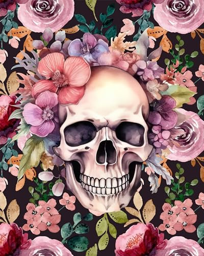 TISHIRON Tête de Crâne Peinture par Numéros pour Adultes - Fleurs et Flammes, 40,6 x 50,8 cm, Avec Pinceaux et Peinture Acrylique