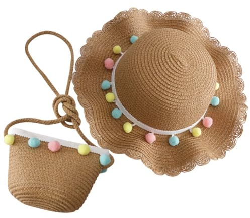 ACMEDE 4-8 Ans Enfant Chapeau de Paille et Petit Sac Set, Fille Chapeau de Soleil d'été Paille Plage Chapeaux de Soleil avec des Ornements de Boules colorées pour Plage Voyage Randonée