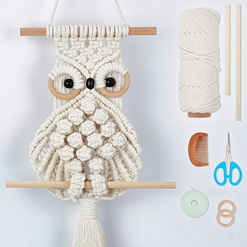 ORIGACH DIY Makramee Wandbehang Set für Anfänger, Makramee Eulen Wandbehang Kit Mit Anleitung Makramee Knüpf-Set Zum Basteln und Knüpfen Set für Boho Makramee Wandbehang Dekoration