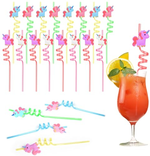 AUAUY Plastic Novelty Straws, 16 Pack Unicorn Reusable Drinking Straws, Colorful Curly Hard Plastic Straws, Cartoon Party Straws for Kids Adults Birthday Party Family Reunion Pool Party Decor Supplies