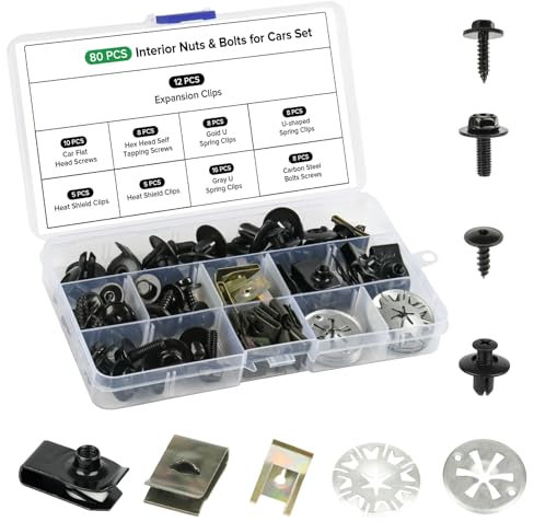Realure 80 Pièces Vis & Clips Voiture Kit,Vis Carrosserie Voiture avec Verrouillage Rondelle Clips,U Clips Carrosserie & Vis de Soubassement,Clips de Fixation Voiture Kit pour Réparer les Pare Boues