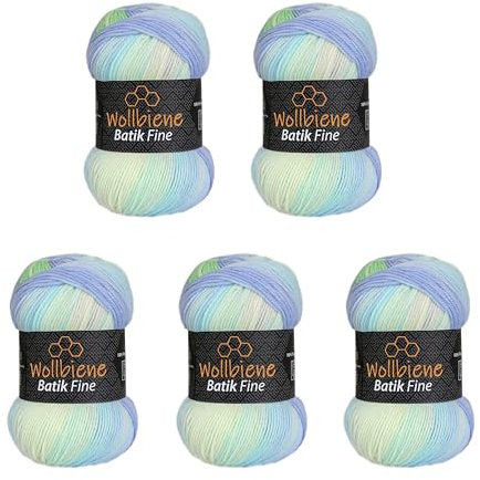 5 x 100g Wollbiene Batik Fine 500 Gramm Wolle mit Farbverlauf mehrfarbig Multicolor Strickwolle Häkelwolle (5010 blau grün aqua)