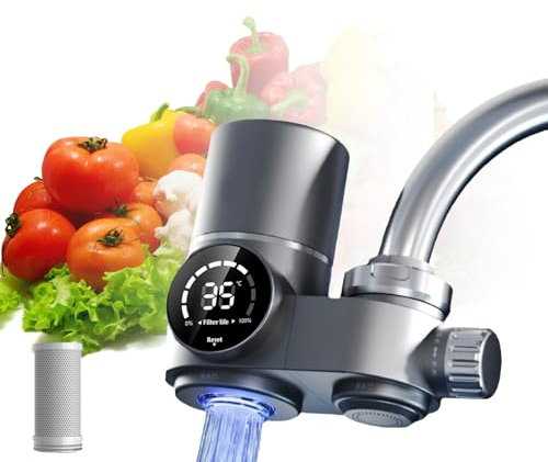 Wasserfilter für Wasserhahn mit LED Anzeige, Wasserhahn Filter mit Blaulicht Entfernt Chlor, Schwermetalle und Schlechten Geschmack, Wasserhahnfilter für Trinkwasser für Küche (Silbergrau)