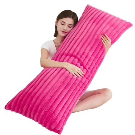 Memfydu Oreiller de corps complet avec housse amovible en fausse fourrure à rayures moelleuses, coussin long pour adulte 50,8 x 137,2 cm pour dormir sur le côté et la grossesse, rose vif.