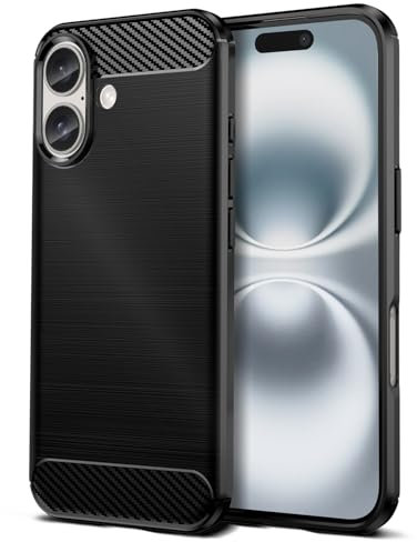 Qiinogow Hülle Kompatibel mit iPhone 16, Ultradünne Handyhülle Mit Stoßdämpfung, Schutzhülle aus Kohlefaser-TPU (Schwarz)