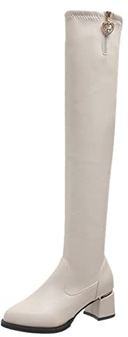 Generisch einfarbig Strass seitlicher Reißverschluss warme Dicke Ferse Kniestiefel Mesh Schuhe Damen (Beige, 38)