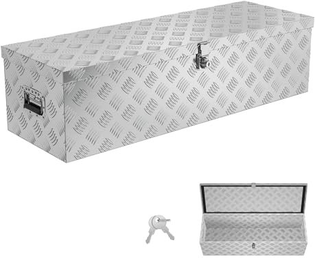Aufun Truckbox 80L Werkzeugbox Aufbewahrungsbox Aluminiumkoffer Transportbox, Deichselkasten für PKW Anhänger LKW Nutzfahrzeuge Staubox Werkzeugkiste Gurtkiste Alukiste (Silber, 99x33x25.5cm)