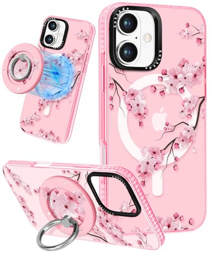 Kokaade for iPhone 16 Case for Women Girls - Cute Kawaii Peach Blossom Design Compatible with Magsafe for Magnetic Ring Holder Stand Phone Cover Girly TPU Funda for iPhone 16