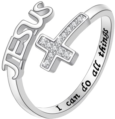 Flongo Kreuz Jesus Ring für Damen: Silber Einstellbare Offene Zirkonia Ring Amulett Glücksbringer Religiöse Schmuck mit Gravur „ I Can Do All Things“ Weihnachten Halloween Religiöse Geschenke Mädchen