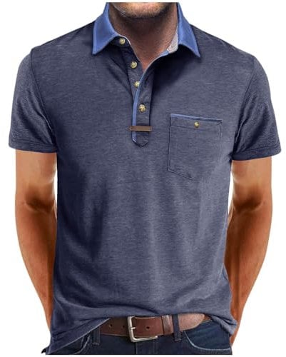 UHouse Poloshirt Herren Kurzarm Baumwolle Polohemd Basic Shirt mit Knopfleiste Basic Polo Tshirt Sommer T-Shirt mit Brusttasche Freizeit Sommershirt Einfarbig Oberteile Männer Dunkelblau L