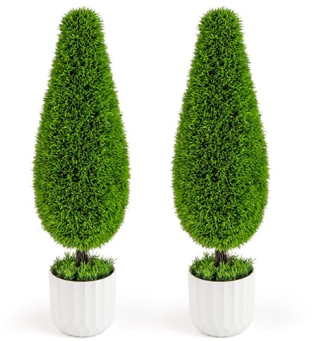 RELAX4LIFE 2er-Set Kunstbaum Zypresse, künstlicher Bäume mit UV-Schutz, Kunstpflanze 90 cm hoch, dekorativer Kunstbaum mit stabilem Topf, Fake Plant wie echt für draußen und drinnen, Grün