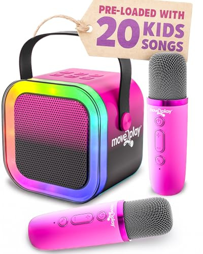 Move2Play, Mini macchina per karaoke per bambini, include oltre 20 canzoni per bambini, 2 microfoni, connessione con Bluetooth, regalo di compleanno per bambini dai 2, 3, 4, 5 anni in su, per ragazze