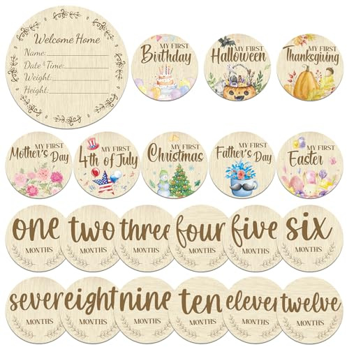 Threetols 11PCS Wooden Baby Monthly Milestone Cards Sign, Double Sided Newborn Photography Prop Pregnancy Journey Baby Growth Monthly Milestone Wood Discs Baby Shower Gifts