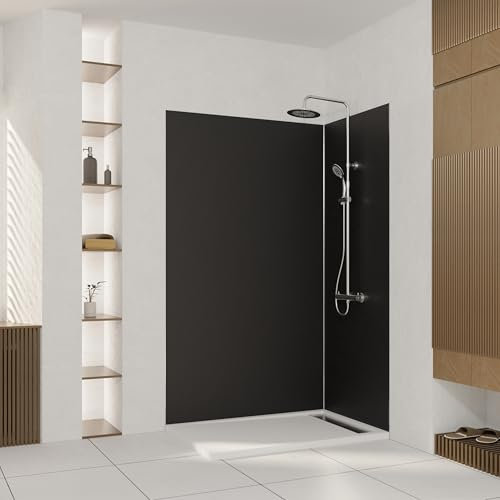 Marwell Urbanox Wandpaneel - fugenlose Aluverbundplatte als Duschrückwand & Küchenrückwand (Schwarz, 90 + 120 x 210 cm inkl. Profil silber)