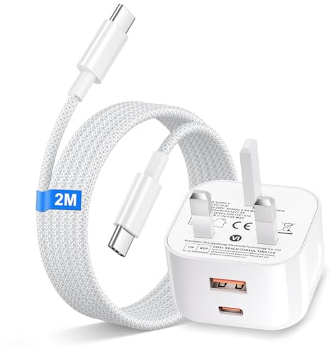iPhone 15 16 Fast Charger, 20W Dual Port USB Charger Plug with USB C Cable 2M for iPhone 16/16 Plus/16 15 Pro Max/15/15 Plus/iPad, UK Wall charger USB C Power Adapter and iPhone Fast Charging Cable