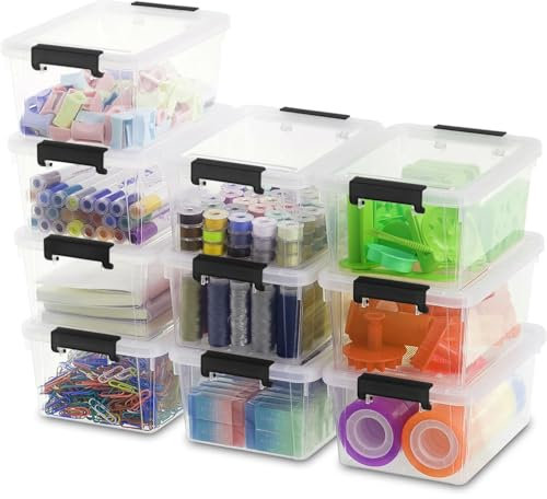 Caossuixin 10 Pack Plastic Storage Boxes with Lid 1.2L(18 * 13 * 8cm), Stackable Small Clear Storage Box, for Lego, Snacks, Stationery and Desk Supplies, Food-Safe Materia, BPA-Free(10 pack)