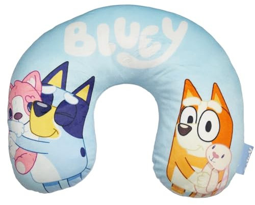 Bluey Nackenkissen Kinder – Reise Nackenhörnchen 37×30 cm – Ergonomisches Bluey & Bingo Reisekissen für Auto, Flugzeug & Urlaub – Weiches Kinder Kissen für unterwegs
