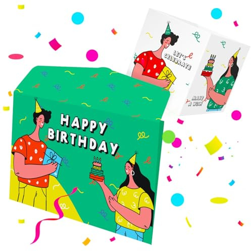 FETTIPOP 2-in-1 Glückwunschkarte & Umschlag – Überraschung mit Konfetti-Effekt, Geburtstagskarte Surprise Explodierende, Originelle Geschenkidee, Geldgeschenke, Geschenkverpackung