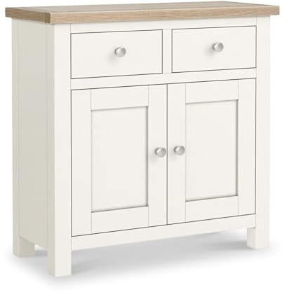 RoselandFurniture Farro Coconut White Mini Sideboard for Living Room | Fully Assembled, 2 Door Buffet Cabinet with Washed Oak Top, Painted Finish, Modern Farmhouse Style, H75cm W75cm D32cm
