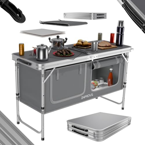 24MOVE® Campingküche, Faltbare Outdoor Küche Arbeitsplatte, MDF Einlegeböden, Besteckfächern, Tragegriff