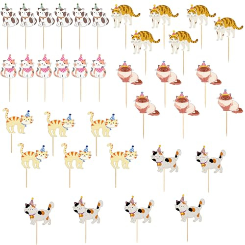 36 Stück Katzen Deko Geburtstag, Süße Katze Cupcake Topper, Kuchendeko für Kindergeburtstag, Haustier Party Dekorationen, Cake Decoration Muffins Zubehör für Mädchen Jungen Pet Birthday Party