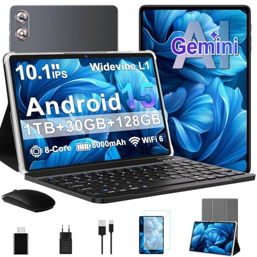 fezawio Tablet 10.1 Pulgadas Android 15 Octa-Core 2.0 GHz｜30GB RAM + 128GB ROM（TF 1TB ）｜8000mAh｜5G WiFi 6｜ BT 5.0｜Cámara Dual｜GMS Certificación｜ Widevine L1｜5MP+8MP｜con Teclado y Ratón,Gris