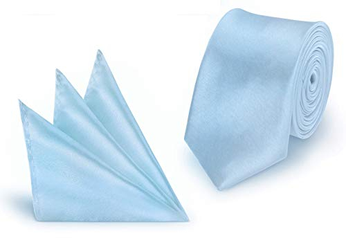 StickandShine Krawatte + Einstecktuch Hellblau slim aus Polyester einfarbig uni schmale 5 cm
