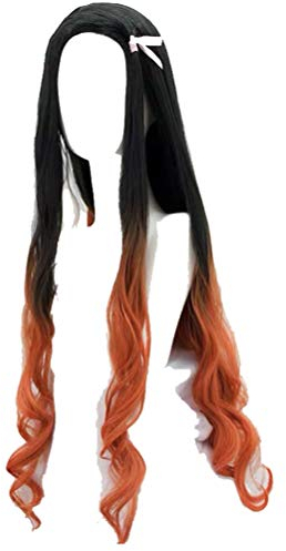 GZIRUE Schwarz Braun Orange Lange Lockige Perücke Haar mit Rosa Satinband für Nezuko Kamado Cosplay Anime Kostüm Halloween Karneval Party Wig