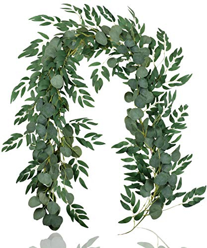 Falflor 2Pcs Greenery Garland - 6.5Ft Artificial Eucalyptus and Willow Leaves Table Runner Vine for Wedding Home Decor