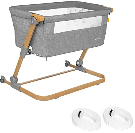 skiddoü Babybett Natt 3in1 Beistellbett Reisebett Zustellbett, freistehendes Babybett für Kleinkinder, höhenverstellbar, zusammenklappbare leichte Aluminium Konstruktion, grau, holzfarbe