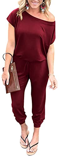 YUNDAI Womens Jumpsuits One Piece Casual Off Shoulder Playsuit Short Sleeve Overalls Elastic Waist Stretchy Romper with Pockets Medium,Wine Red