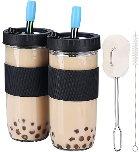 ALINK 2-Pack Reusable Glass Cup Bubble Tea Cups, 24Oz Wide Mouth Smoothie Cups with Lid, Silicone Sleeve & Angled Wide Straws, Leakproof Glass Mason Jars, Black