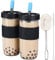 ALINK Lot de 2 tasses à thé réutilisables Boba,680.4 g,Large ouverture,Avec couvercle, manchon en silicone et larges pailles inclinées,Bocaux Mason en verre anti-fuite,Bouteille d'eau potable,Noir