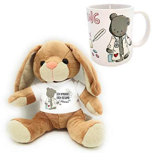 Kilala Gute Besserung Kuscheltier Hase Herz mit Wunschname personalisiert (Dokotbär-Set)