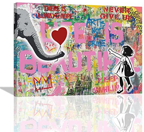 Banksy Wandkunst Graffiti Street Canvas Wall Decor Banksy Girl Elephant Painting Print Art Motivational There Is Always Hope Picture Artwork Gerahmt Fertig zum Aufhängen für Wohnzimmer Schlafzimmer