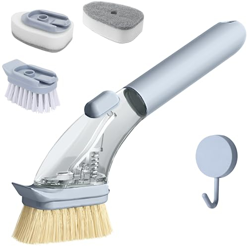 DAPOWER Brosse à Vaisselle avec poignée, Brosse à récurer avec Distributeur de Savon, Brosse à récurer de Cuisine pour Vaisselle, casseroles, poêles, évier, 4 têtes de Brosse remplaçables (Gris)