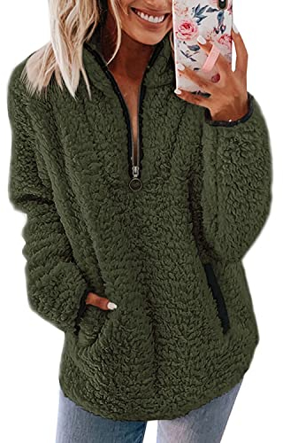 Nilimoph Womens Fleece Jumper Fluffy Pullover Teddy Fleece Sweatshirts Casual Top Fuzzy 1/4 Zip Up Long Sleeve Stand Collar Cozy Coat Tops with Pockets (Green, M)