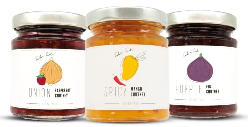 FOODOKO FINEST - Gourmet Chutney Set für Feinschmecker | Spicy Mango Chutney, Lila Feigen Chutney, Zwiebel und Himbeere Chutney (3x180g)